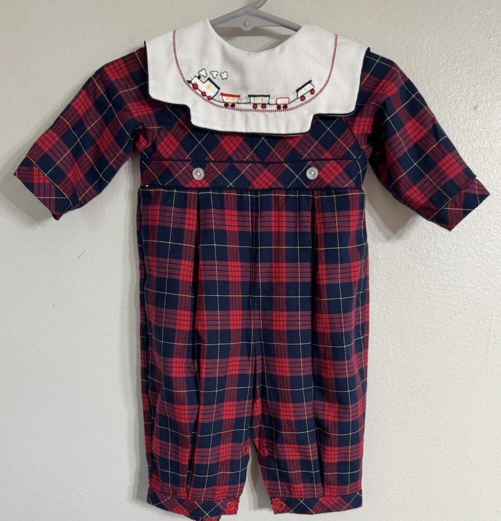 Carriage Boutiques Baby Romper Size 3 Months Vintage Plaid Embroidered Train